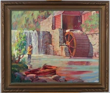 Vintage c.1930's Canadian River Fishing Mill Oil on Canvas Landscape Ontario