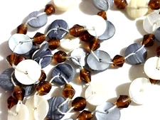 ~ Necklace Mother of Pearl MOP Shell Disc 1960s MCM 32" VTG Faceted Amber Stones