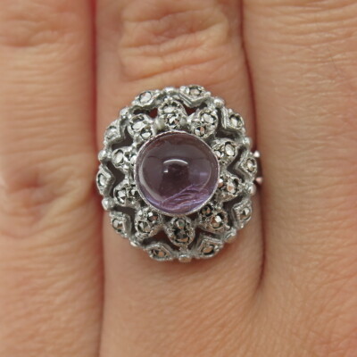 800 Silver Vintage FOE France Real Amethyst & Marcasite Ring Size 5.25