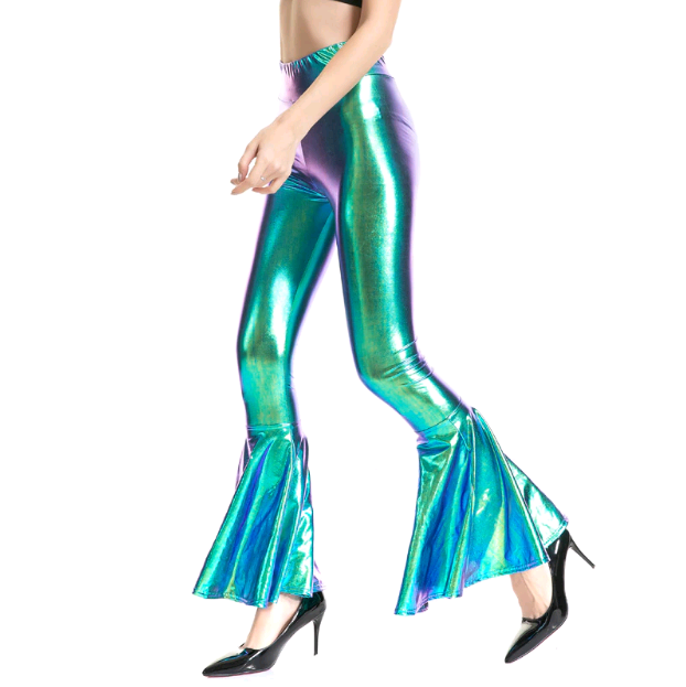 PU Leather Metallic Pants Shiny Holographic Flare Bell Bottoms
