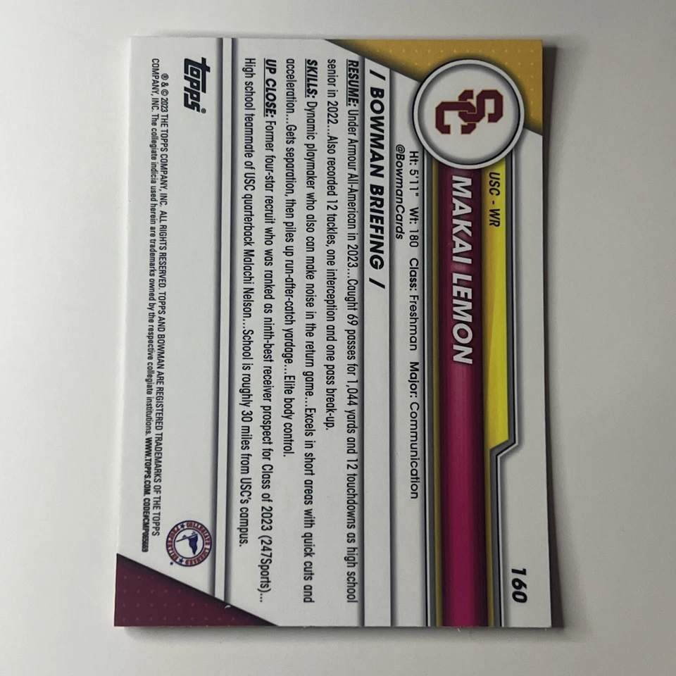 Makai Lemon 1st Rookie RC 2023 Bowman Chrome University Card #160 USC Trojans - Image 2 of 2