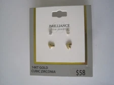 BRILLIANCE 14 KT Yellow Gold Earrings CZ Clear Stud Post Gold Heart Pierced