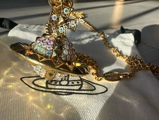 Vivienne Westwood Gold 3D Large Orb Pendant Necklace  Full Crystals Long 80cm