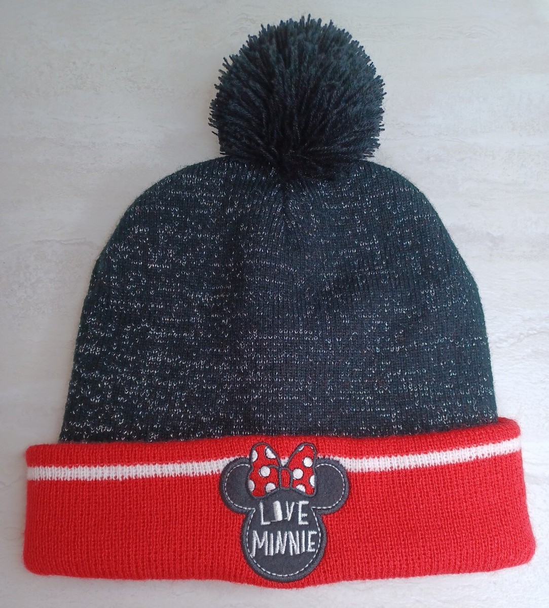 Love Minnie Disney Beanie Winter Hat Black Red One Size POM Minnie Mouse EUC