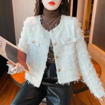 Damen Mantel Kurzjacke Blazer Kokos Weiß Tweed Weich Slim 86706