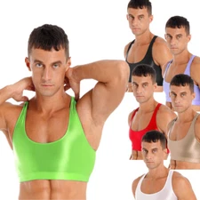 Men's Shiny Glossy Crop Top Sports Sleeveless Gym Tank Cropped Half Tee Blouse