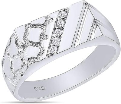 Nugget Mens Ring Round Cut Cubic Zirconia 14K Gold Plated 925 Sterling ...