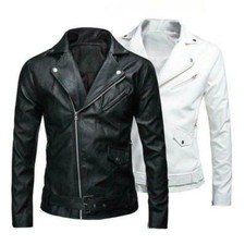 Men's Faux Leather Jacket Slim Fit Coat Motor Zip Casual Riding Korean Fashion