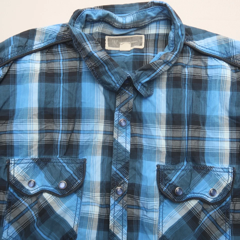 INC Mens Pearl Snap Shirt Size Large Blue Plaid Cotton Western Rodeo - Image 2 of 4