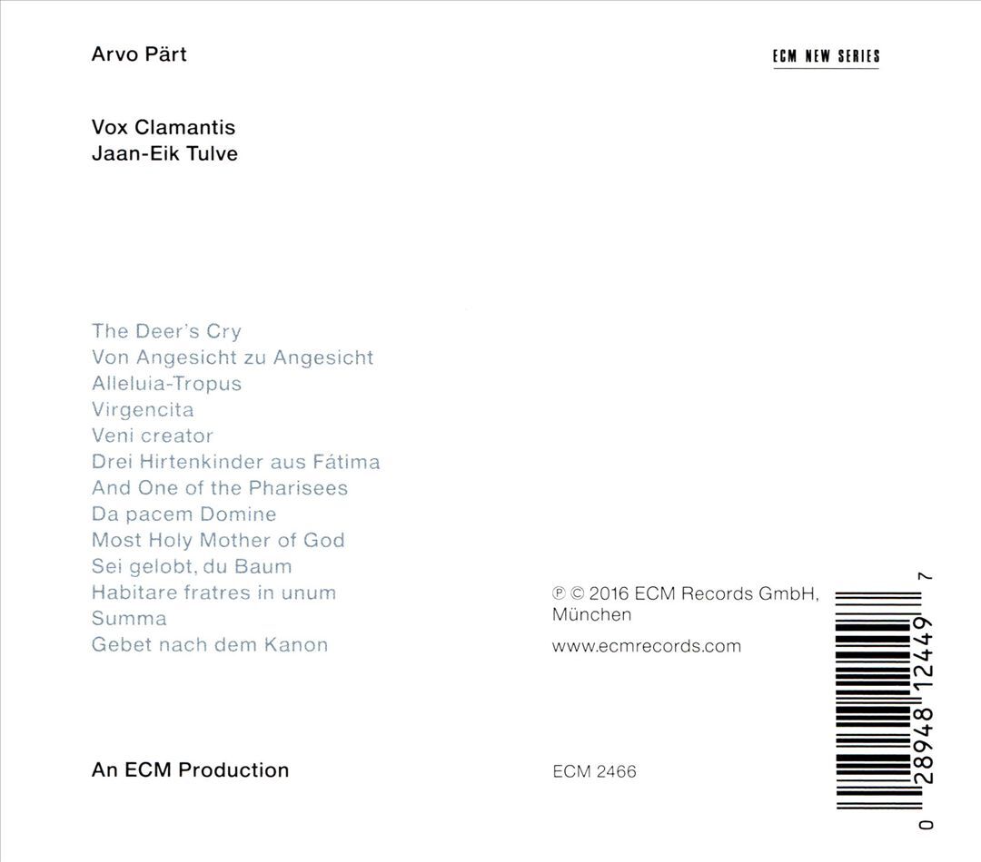 VOX CLAMANTIS ARVO PÄRT: THE DEER'S CRY NEW CD
