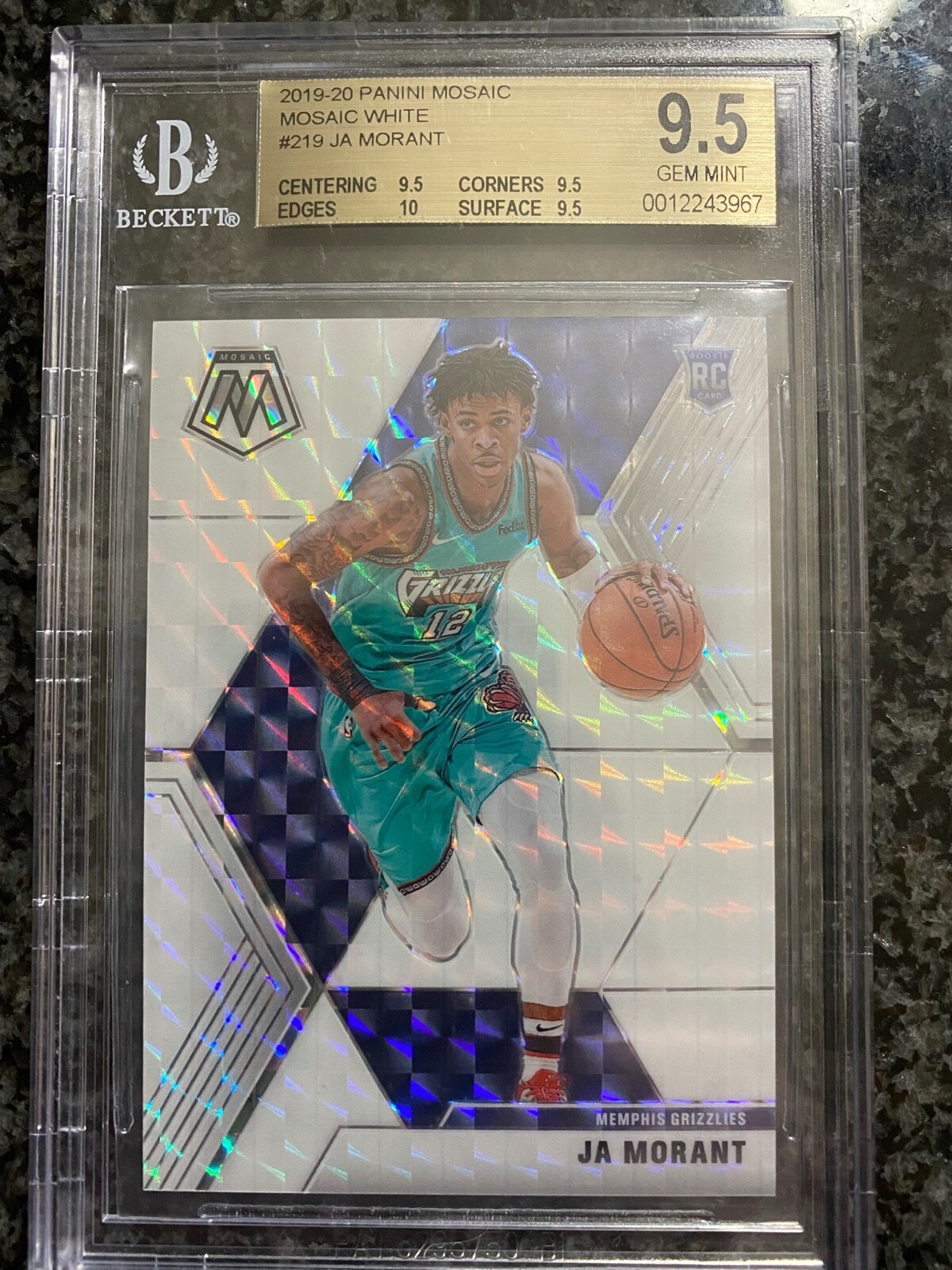 2019-20 Panini Mosaic 219 Ja Morant White #/25 True Gem + BGS 9.5 RC Rookie