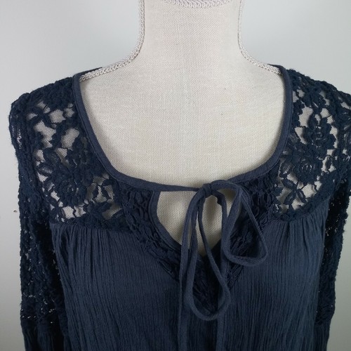 MUDD Bohemian Peasant Top Extra Small Blue Bell Quarter Sleeves Crochet & Lace - Picture 7 of 13