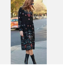 Zara Woman Floral Embroidered Runway Fav Long Sleeve Black Midi Dress Size Small