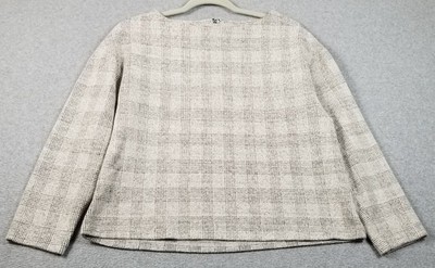 H&M Top Women s Small S Black Gray Plaid 3/4 Sleeve Boatneck Stretch Zipper Back