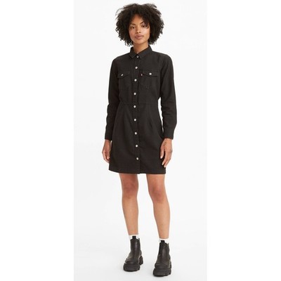 Levis Dress Women Small Black Ellie Denim Mini Snap Front Long Sleeve Streetwear
