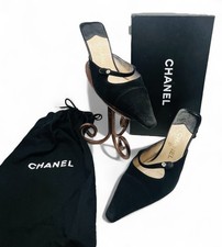 Chanel Logo Sz 37 US7B Suede Patent Leather Black Mules Box Dust Bags 425