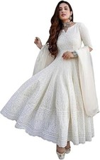 White Embroidered Anarkali Indian Kurta Dress Set with Dupatta