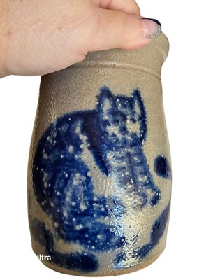 VTG David ELDRETH  CROCK Pottery Blue Salt Glaze W/Cat Folk Art Nottingham Pa 