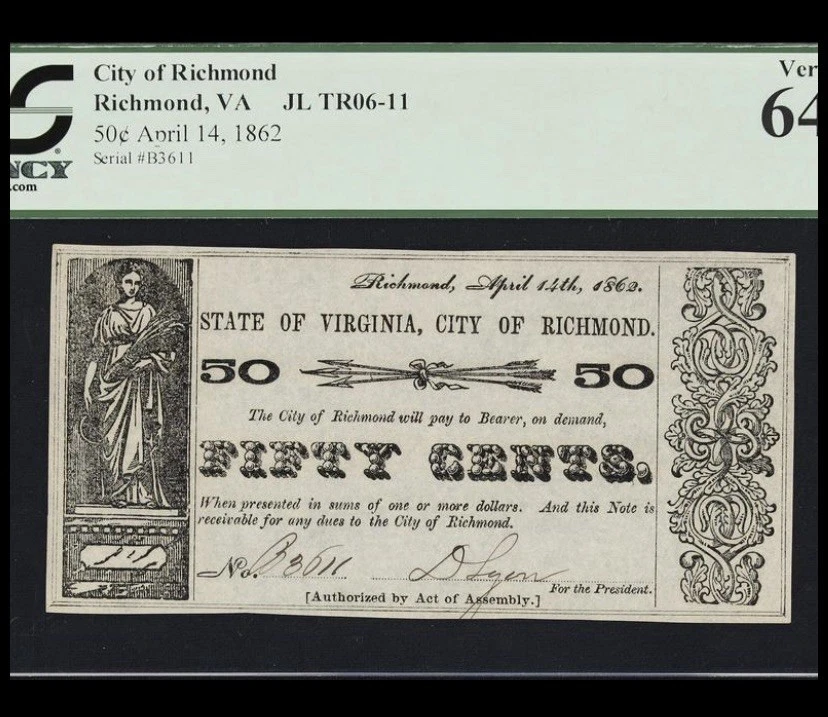 1862 VIRGINIA RICHMOND, 50c City VA Note Civil War BankNote Currency, PCGS 64 - Image 3 of 4