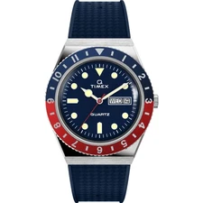 Timex Men's Watch Q Quartz Rotating Bezel Blue Dial Strap Day-Date TW2V32100