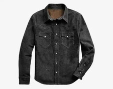 Men's Black Leather Suede Trucker Premium Western Wear Shirt Leather Suede Shirt