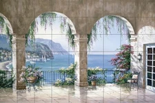 Ceramic Tile Mural Kitchen Backsplash - SK-Mediterranean Arch - Tuscan Landscape