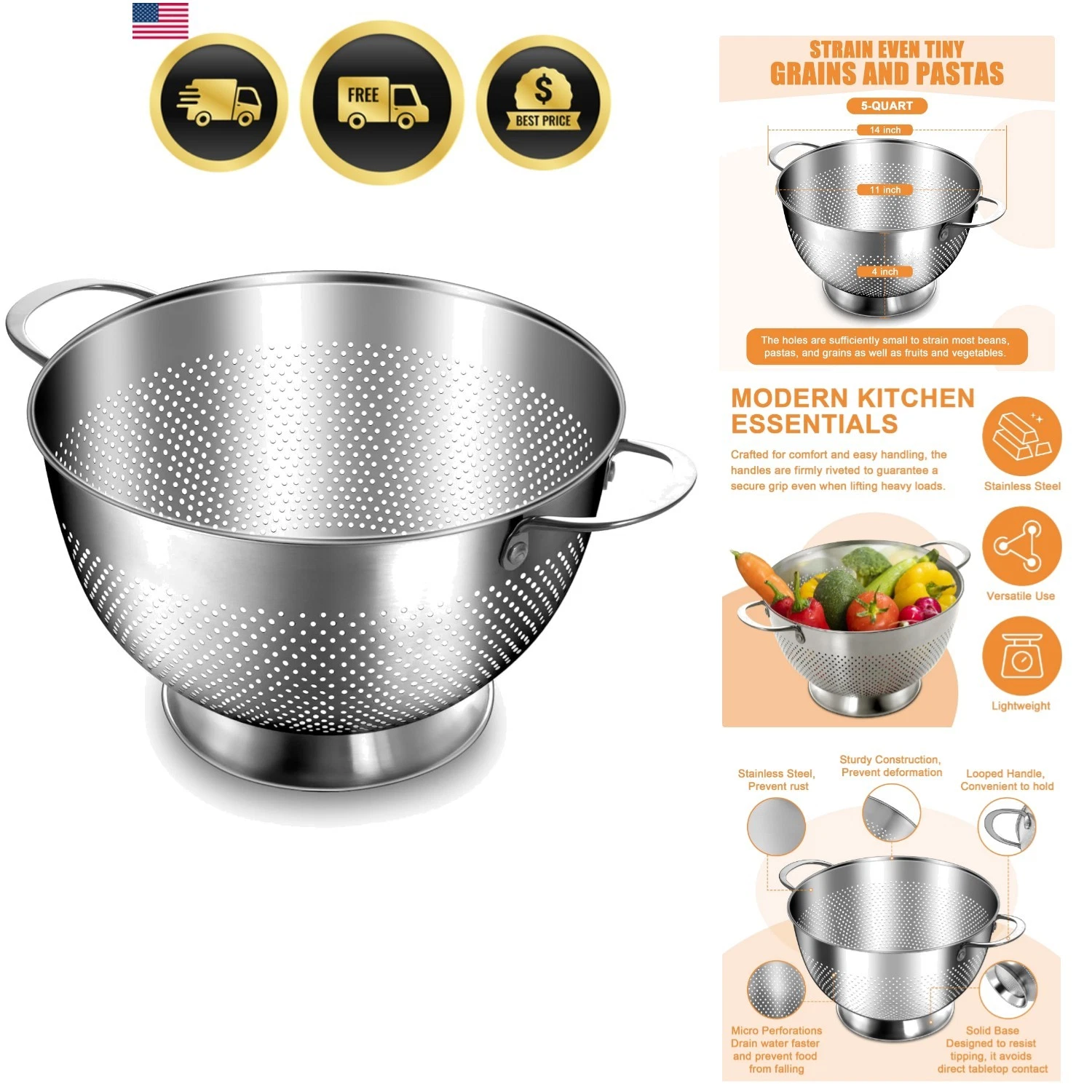 Stainless Steel Colander for Kitchen | 5 Quart Durable Rice and Pasta Straine...