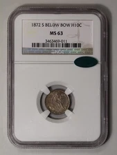 1872-S BELOW BOW Seated Half Dime H10C NGC MS63 (CAC)