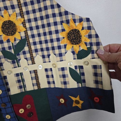 VTG Handmade Gingham Checked Vest XL* Sunflower Cottagecore Farmhouse Teacher - Picture 5 of 11