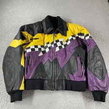 Vintage Cold Wave Leather Rad Snowmobile Jacket M Checkerboard Purple Yellow