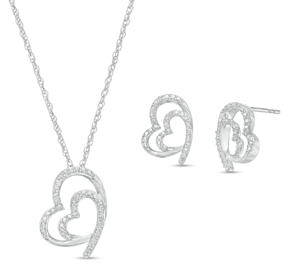 Zales Diamond Accent Tilted Double Heart Pendant and Stud Earrings Set