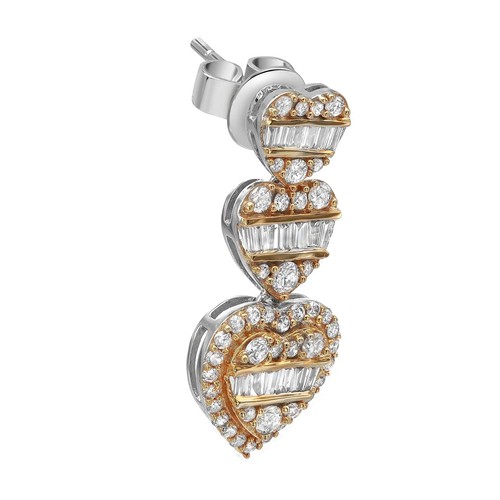 Baguette & Round Diamond Heart Drop Earrings 14K Yellow and White Gold 1.10Cttw - Picture 4 of 6