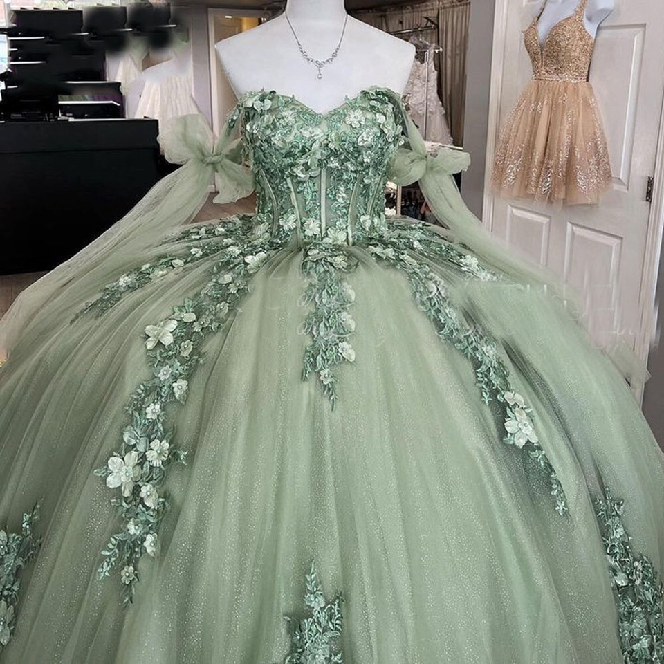 Sparkle Sage Green Quinceanera Dresses Charro Xv Mexican Vestidos De 15 Anos Lace Up 3D Floral Birthday Party Gown Customized