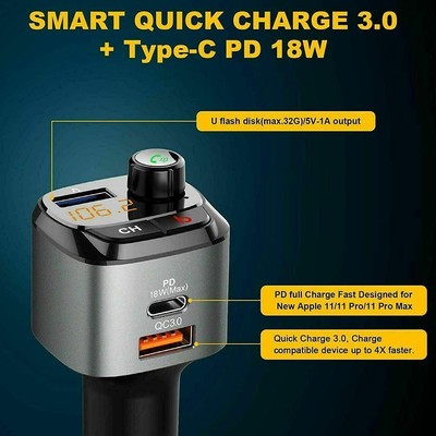 Bluetooth 5.0 FM Transmitter For Car, QC3.0+Type-C PD 18W Wireless