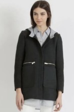 Maje Estrange Full Zip Hooded Jacket Leather Detail Coat Sz 40 US L