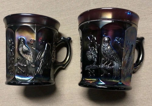  2 NORTHWOOD CARNIVAL GLASS SINGING BIRDS PURPLE AMETHYST MUGS ANTIQUE RARE