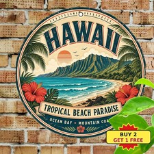 Hawaii Tropical Beach Sunset Scenery Waterproof Tin Sign Coastal Tiki Bar Decor