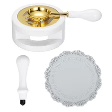 Wax Stamp Seal Kit Sealing Warmer Melting Spoon Pad Handle, White/Gray