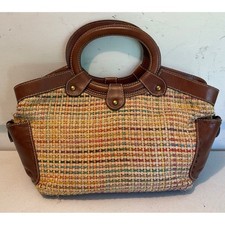 Borsa a mano vintage Fossil donna in paglia arcobaleno con bordo in pelle marrone