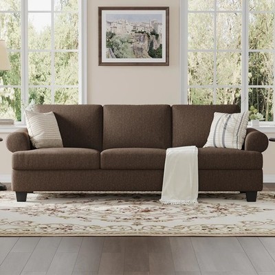 Brown Rolled Arm Linen Sofa Couch Extra Deep Seat Removable Cushions Living Room