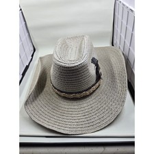 Vintage Western Straw Panama Fedora Hat Gray Woven Center Dent Side Feather