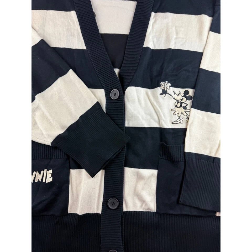 Disney Minnie Mouse Striped Cardigan Sweater Womens 2X Black Cream Pockets - Image 3 of 4