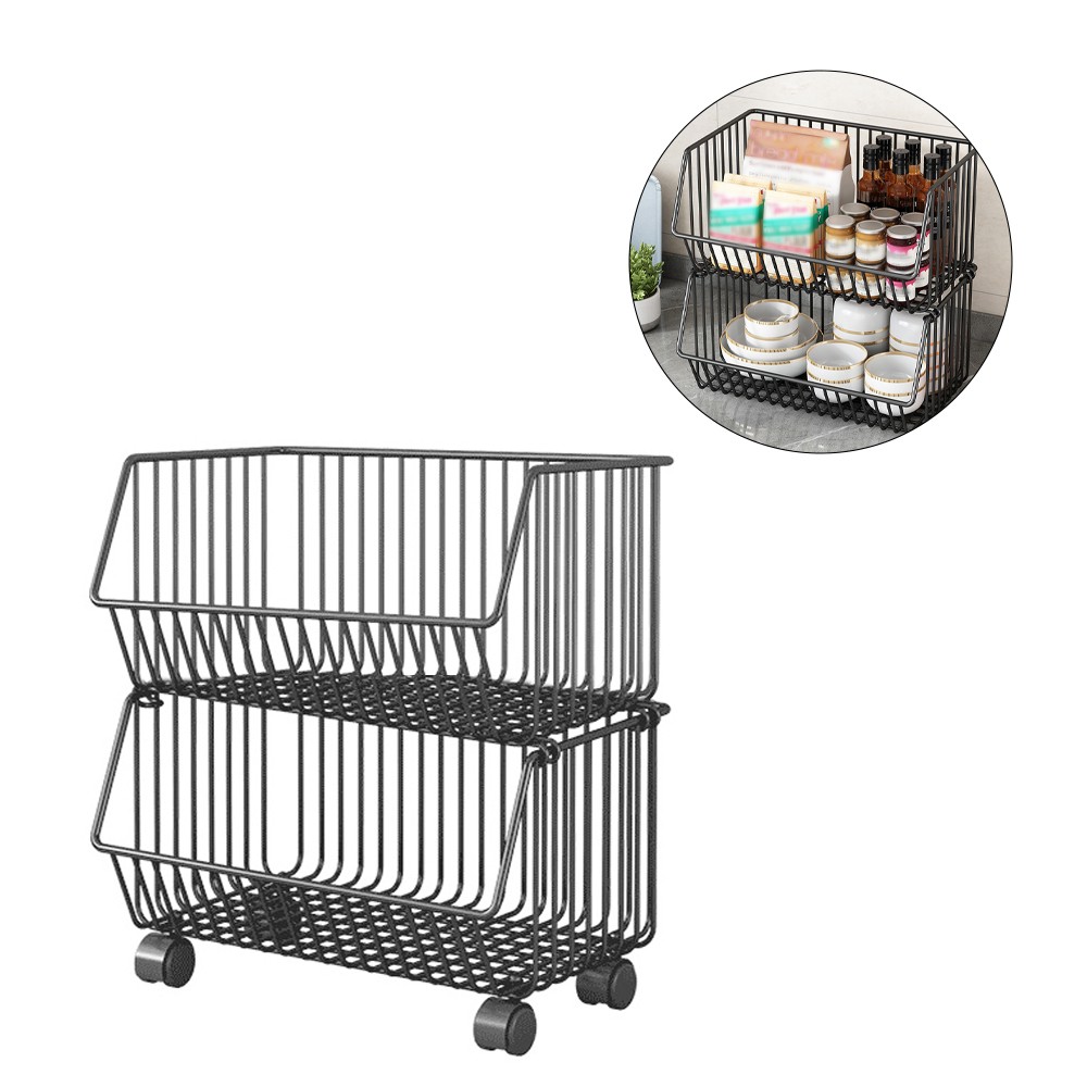 NEW 2 Tier Fruit Basket For Kitchen Storage Cart Stackable Metal Wire Storage