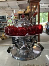 Vintage Lehman Bros Chrome Punch Bowl Red Bakelite Handles+Glasses+Serving Trays