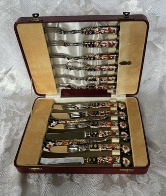 Vintage Royal Crown Derby Traditional Imari 8 Fruit Forks and 6 Fruit Knives