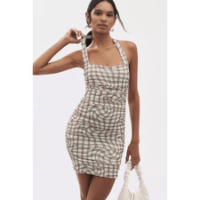 AFRM Bonnie Dress Mesh Ruched Plaid Checkered Halter Mini Bodycon NWT Medium Y2K