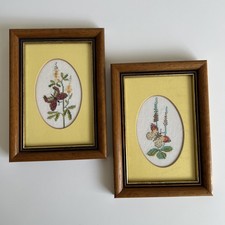 Vintage Butterfly Flower Needlepoint Wall Art Set Of 2 Wood Framed Mat Glass 5x7