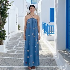 ZARA Denim Halter Maxi Dress Embroidered Floral Boho Beach Vacation Size S