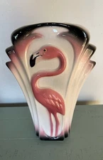 Pink Black Airbrush Flamingo Fan Vase Deco Style Clay Art California Pottery