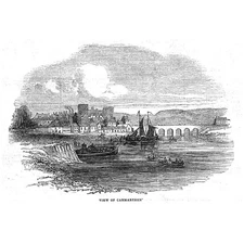 CARMARTHEN View of the Town - Antique Print 1843